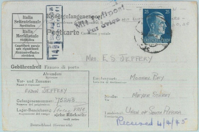 89282 - GERMANY - POSTAL HISTORY - CARD sent by SOUTH AFRICAN  POW  sent AIRMAIL