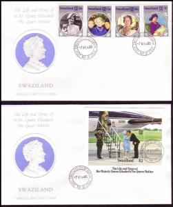 Swaziland Queen Elizabeth the Queen Mother 4v+MS 2 FDCs SG#486-MS490