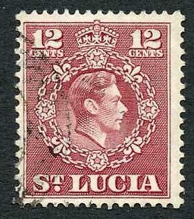 St Lucia SG153a 12c Claret Perf 14.5 x 14 Very Fine Used Cat 550 pounds RARE