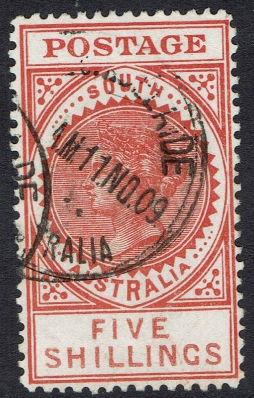 SOUTH AUSTRALIA 1904 QV THICK POSTAGE 5/- WMK CROWN/SA USED PERF 12