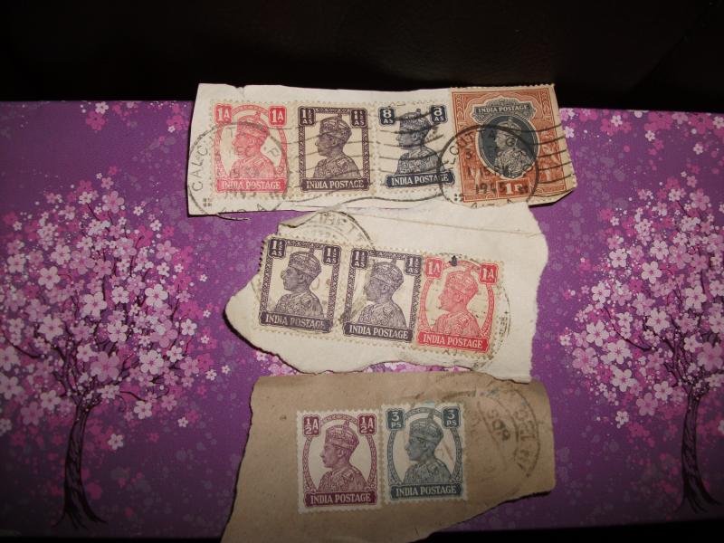 Lot of 15 India Stamps King George On Paper Cancelled 1/2 Anna 1 anna etc