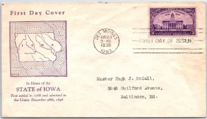 U.S. FIRST DAY COVER THE TERRITORIAL STATE OF IOWA CENTENNIAL 1838 - 1938