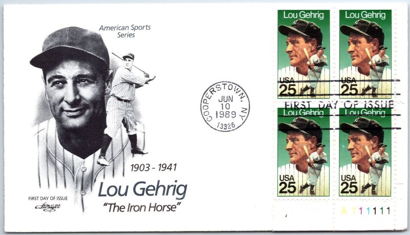 U.S. FIRST DAY COVER LOU GHERIG THE IRON HORSE BLOCK OF (4) ON CACHET 1989