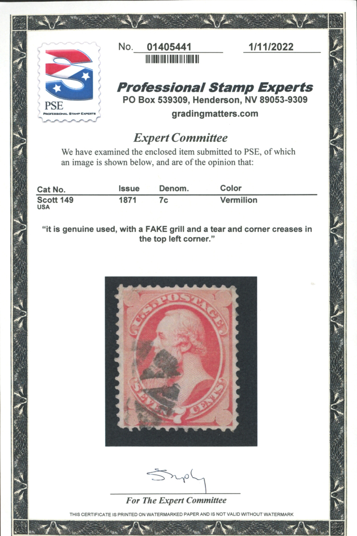 U.S. 149 Used With PSE Cert United States, General Issue Stamp