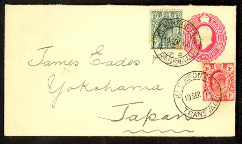 TRANSVAAL 1910 1d PSE UPRATED 2 stamps to JAPAN Via HONG KONG SINGAPORE