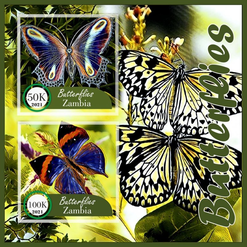 Stamps. Butterflies 2021 year 1+1 sheets perf Zambia