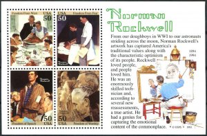 USA #2840 50c MNH, Four Stamp Souvenir Sheet (Four Freedoms by Norman Rockwell)
