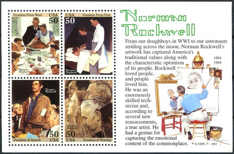 USA #2840 50c MNH, Four Stamp Souvenir Sheet (Four Freedoms by Norman Rockwell)