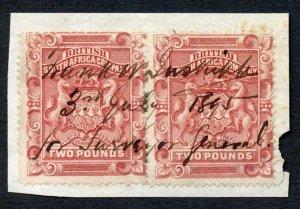 Rhodesia SG11 Two Pounds Rose-red Pair Fiscally used on piece 