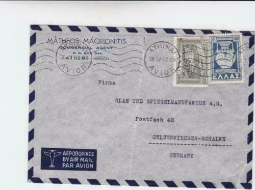 Greece 1952  commercial agent   airmail stamps cover to  germany  r19735