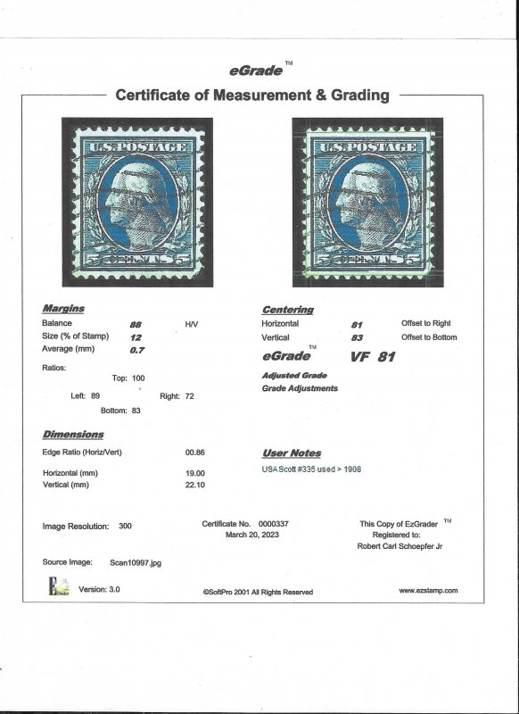 335 5 cents Washington,Precancel Blue Stamp used Graded VF 81