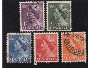 Australia 1953-54 Set of 5 Elizabeth II, Scott 256-258B used, value = $2.05