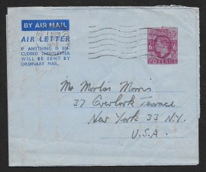 GREAT BRITAIN Aerogramme 6d King 1952 Southampton cancel to USA!