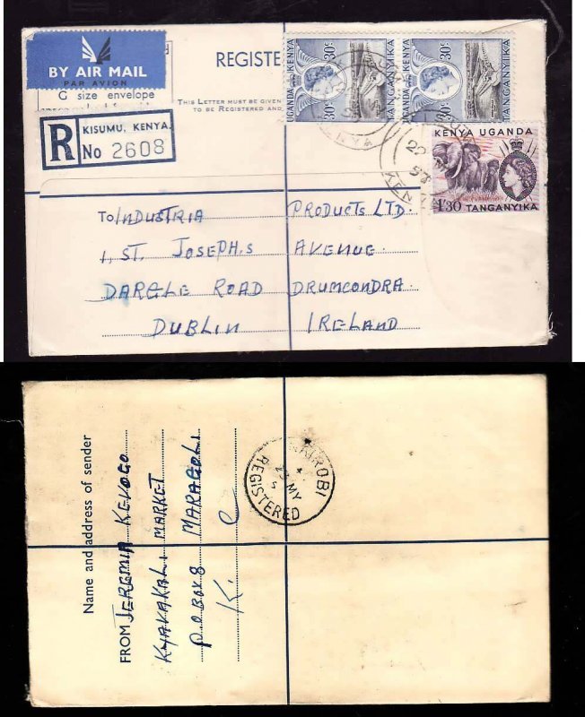 Kenya registered letter to Ireland - Kisumu , Kenya - 22 My 1957- registration l