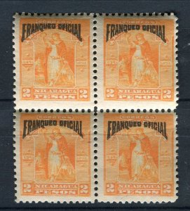 NICARAGUA; 1890s early classic OFFICIAL Optd. issue Mint 2P. Block of 4