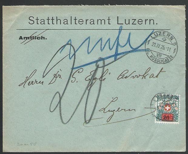 SWITZERLAND 1925 local Luzern cover - 20c on 50c Postage Due...............58390