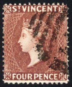 St Vincent SG50 4d Red-brown Wmk Crown CA Fine used Cat 22 Pounds