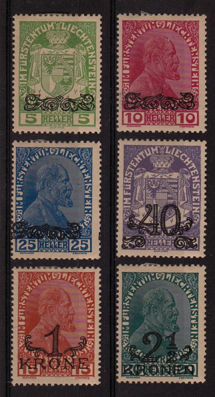 Liechtenstein Stamps of 1917-18 Surch. (Scott #11-16) MH