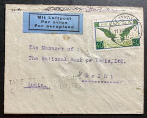 1934 Le Sentier Switzerland Airmail Cover to National Bank Delhi India Sc#C14