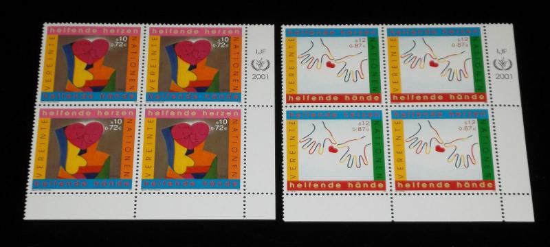 U.N,VIENNA #288-289, 2001,INTL. VOLUNTEERS YEAR. INSC. BLKS/4, NICE!! LQQK!!