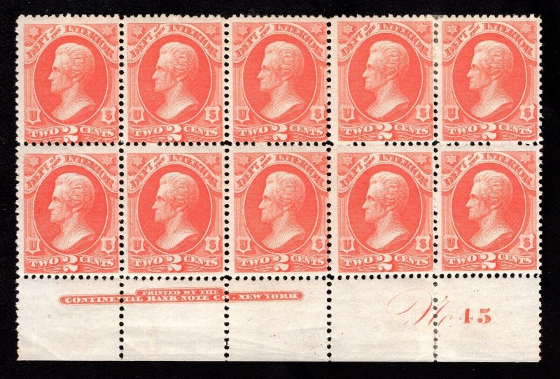 MOMEN: US STAMPS #O16 OFFICIAL PLATE BLOCK OF 10 MINT OG 8NH/2H LOT #82555