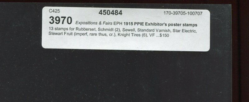 1915 PPIE SOUVENIR SCARCE GROUP OF 13 EXHIBITOR POSTER STAMPS (L3014) CALIFORNIA