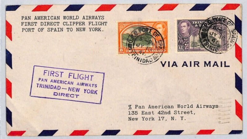 TRINIDAD & TOBAGO Air Mail *PAN-AM CLIPPER* FIRST FLIGHT New York 1946 USA ZC134