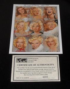 1995, MONTSERRAT, MARILYN MONROE, LIMITED EDITION, SHEET/9, MNH, W/COA