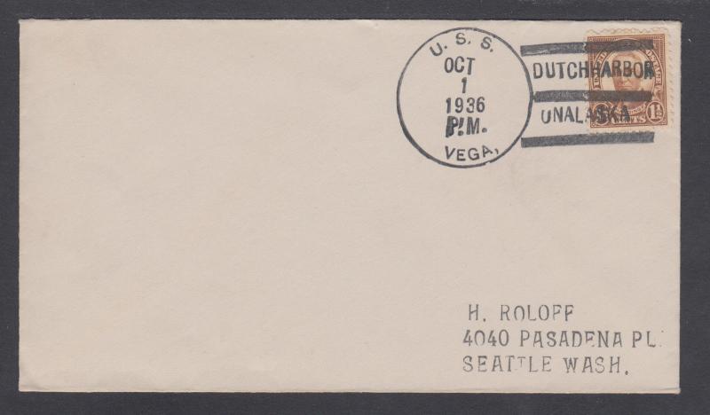 USS VEGA, October 1, 1936 DUTCH HARBOR / ONALASKA CDS & 3 Bars cancel