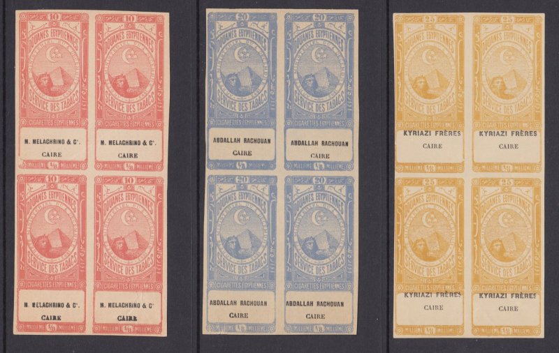 Egypt Feltus 244, 246, 247 NGAI. 1899 Large typographed cigarette revenue blocks 