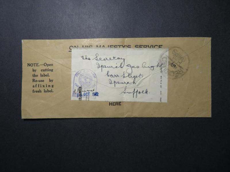 Great Britain 1942 OHMS Cover / Label / Navel Censor / Fold - Z12271