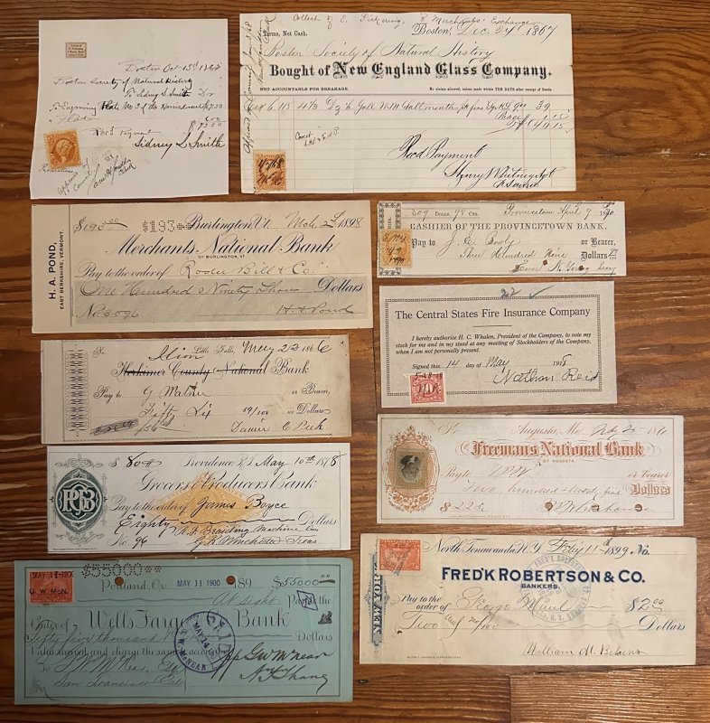10 Documents, Mostly 1800s stamped, checks and other documents, mixed condition.