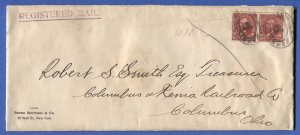 US Sc.282 Pair 6c Garfield on Registered cover, New York > Columbus & Xenia RR