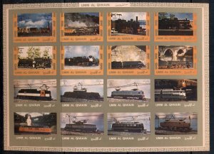 Umm Al Qiwain 1972 Mi#1210-1225B Locomotives Old & New IMPERF sheetlet MUH