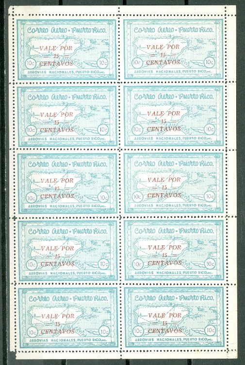 PORTO RICO 1938  SEMI-OFFICIALS SANABRIA #S3...SHEET of 10...MNH