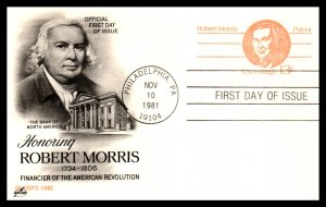 US UX93 Robert Morris Artcraft U/A FDC Postal Card