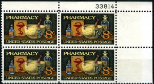 1972 Pharmacy Plate Block Of 4 8c Postage Stamps, Sc# 1473, MNH, OG