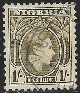 NIGERIA 1938-51 KGVI 1sh Olive Green Portrait Issue Sc 61 VFU