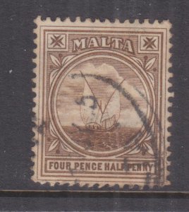 MALTA, 1905 Mult. CA,  Fishing Boat, 4 1/2d. Brown, used.