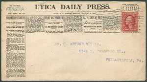 1910, Utica Daily Press Newspaper advertising cover w/2¢ Washington tied, VF