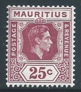 Mauritius #218a NH 25c King George VI - Brown Purple - Chalky Paper