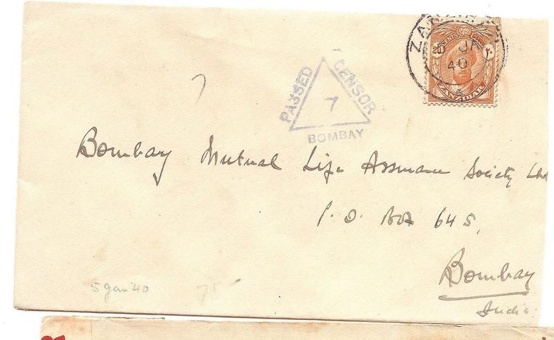 Zanzibar 1940 20c Sultan on Censor cover to India (bag)