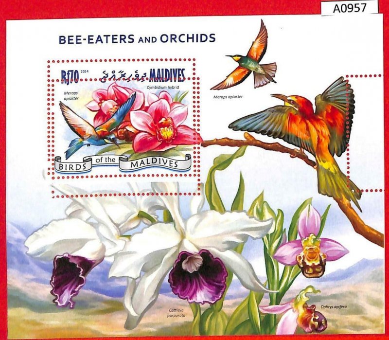 A0957 MALDIVES - ERROR  MISPERF SHEET - 2014  BIRDS ORCHIDS ПТИЦЫ ОРХИДЕИ