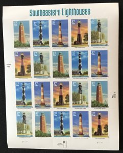 US MNH #3787-3791 (3791a) Sheet of 20 Southeastern Lighthouses SCV $37.00 L38