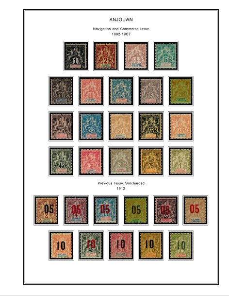 COLOR PRINTED COMOROS 1892-1975 STAMP ALBUM PAGES (25 illustrated pages)