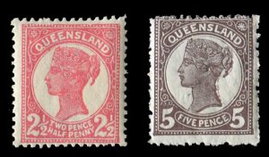 Queensland #110-111 Cat$62.50, 1895 2 1/2p rose and 5p violet brown, lightly ...