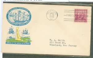 US 836 1938 3c Tercentenary of Delaware Settlement (Finnish Swedish) on an addressed (typed) FDC with a Gundel multicolor cachet