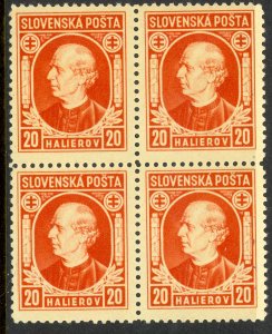 SLOVAKIA 1939 20h Andrej Hlinka Portrait Issue BLOCK OF 4 Sc 28 MNH/MLH