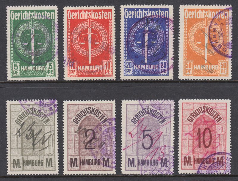 Germany, Hamburg, 1912 Court Fee Revenues, 8 different, used, sound, F-VF