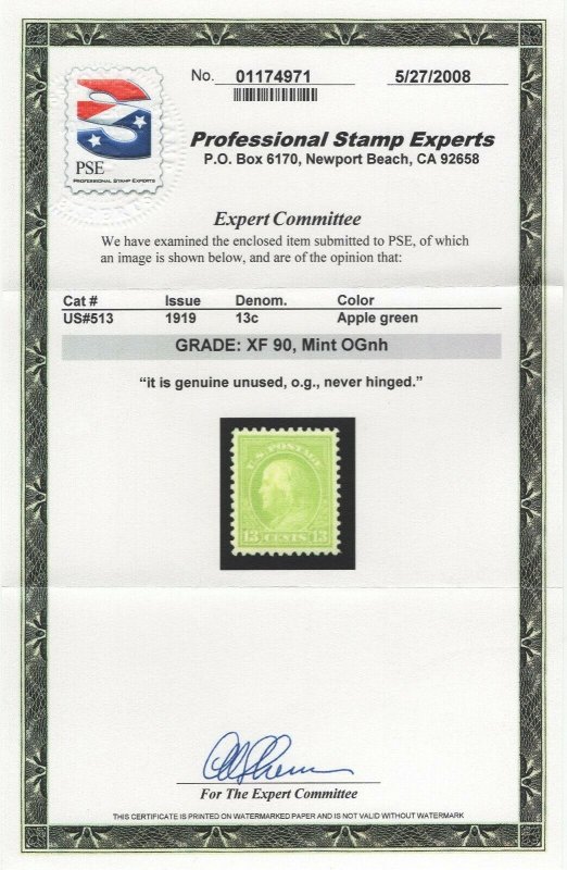 #513 XF OG NH, PSE-90 with Cert. SMQ $65  (GP2 10/2/19)